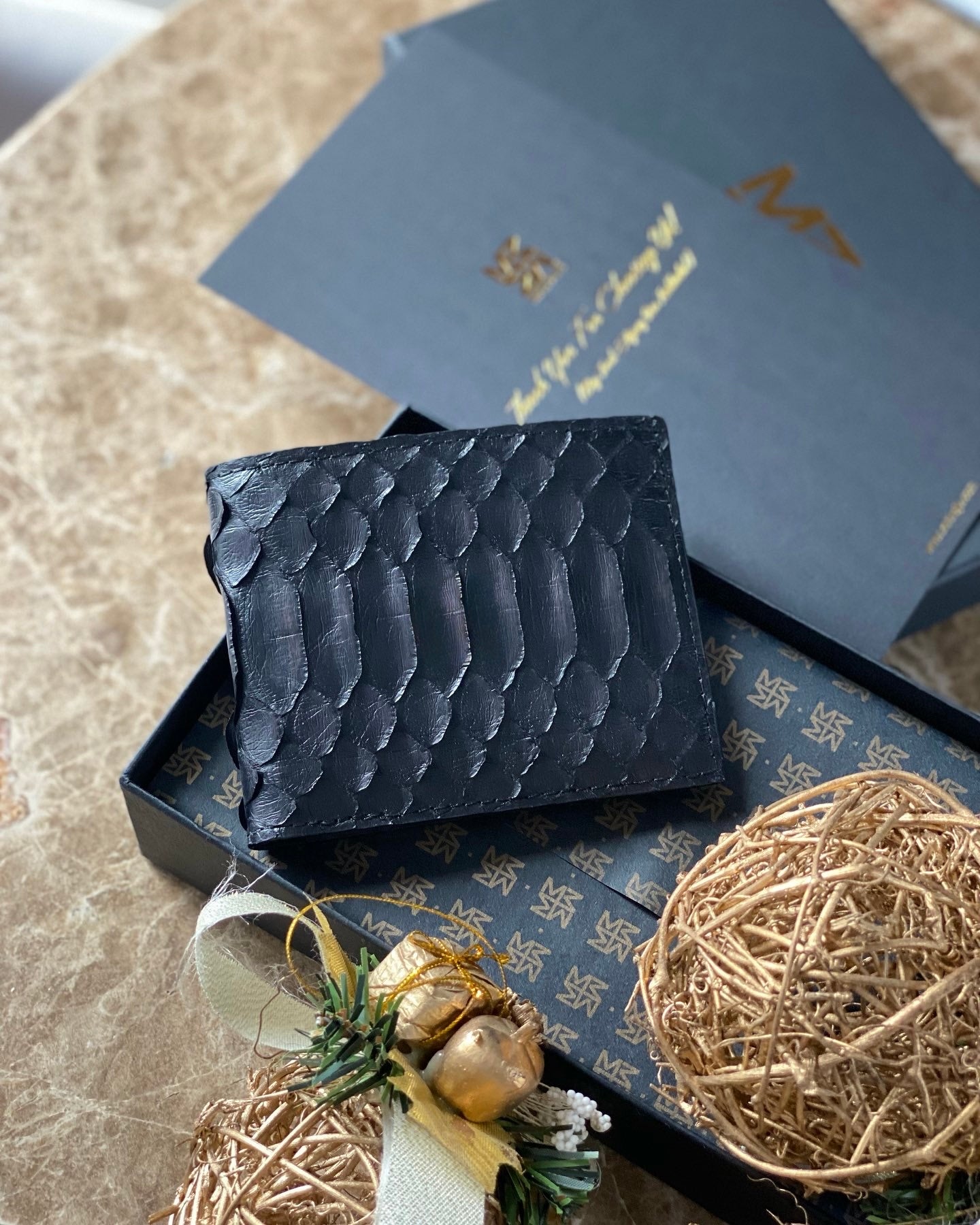 Black Python Snake Leather Classic Bifold Wallet