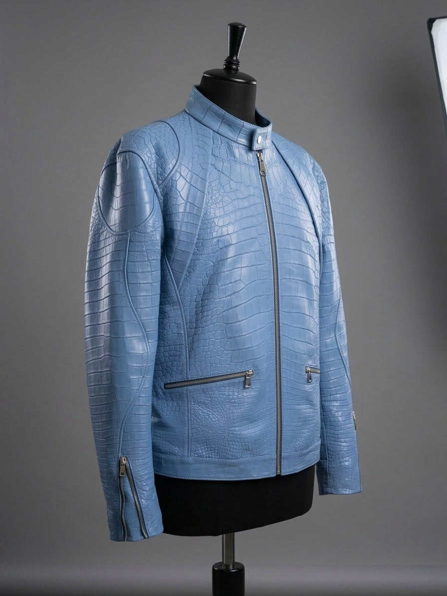 Baby Blue Crocodile Leather Men Biker Jacket