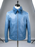 Baby Blue Crocodile Leather Men Jacket with Fur Collar