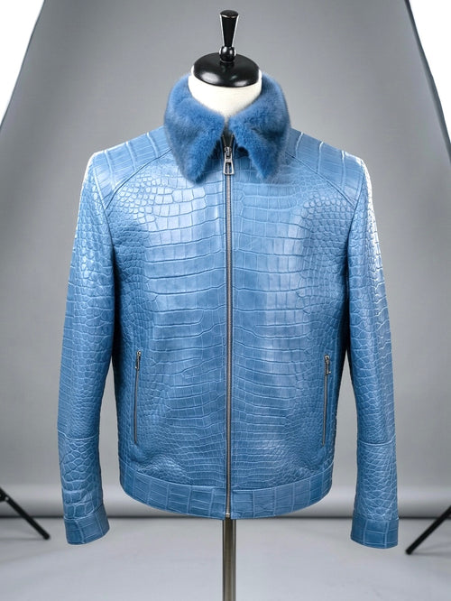 Baby Blue Crocodile Leather Men Jacket with Fur Collar