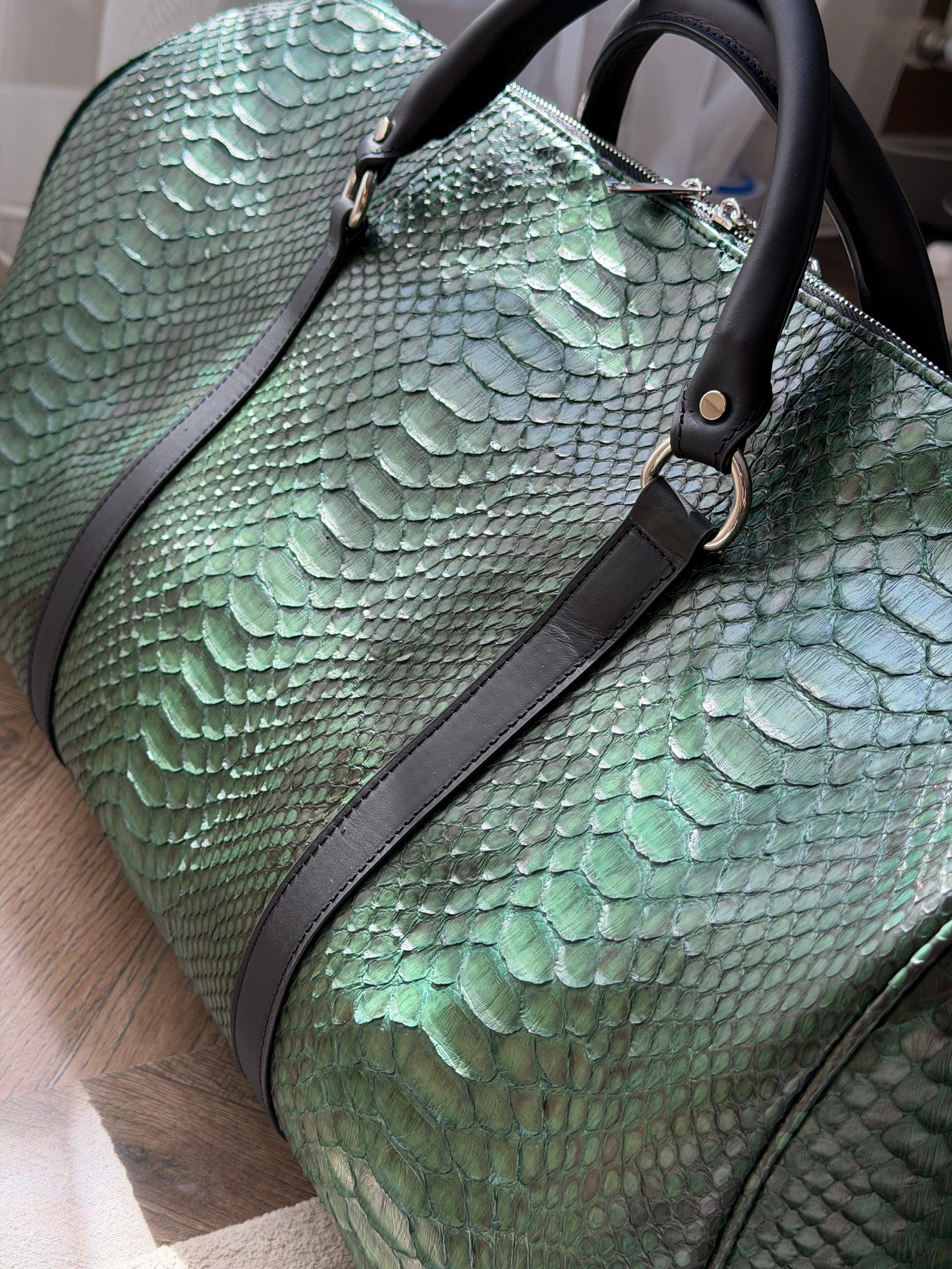 Green Python Leather Travel / Duffle Bag