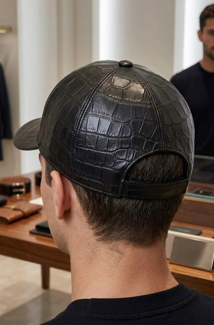 Black Crocodile Leather Unisex Hat