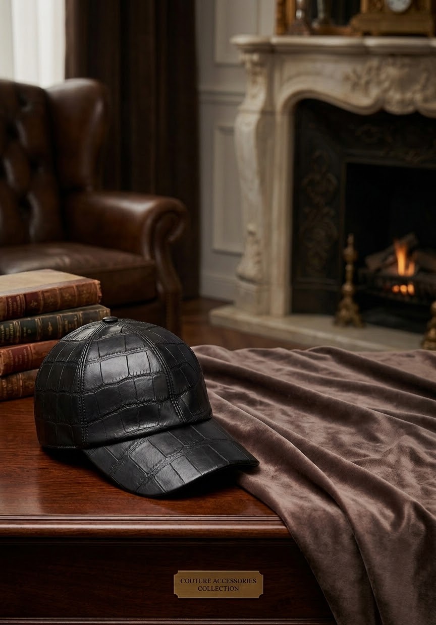 Black Crocodile Leather Unisex Hat