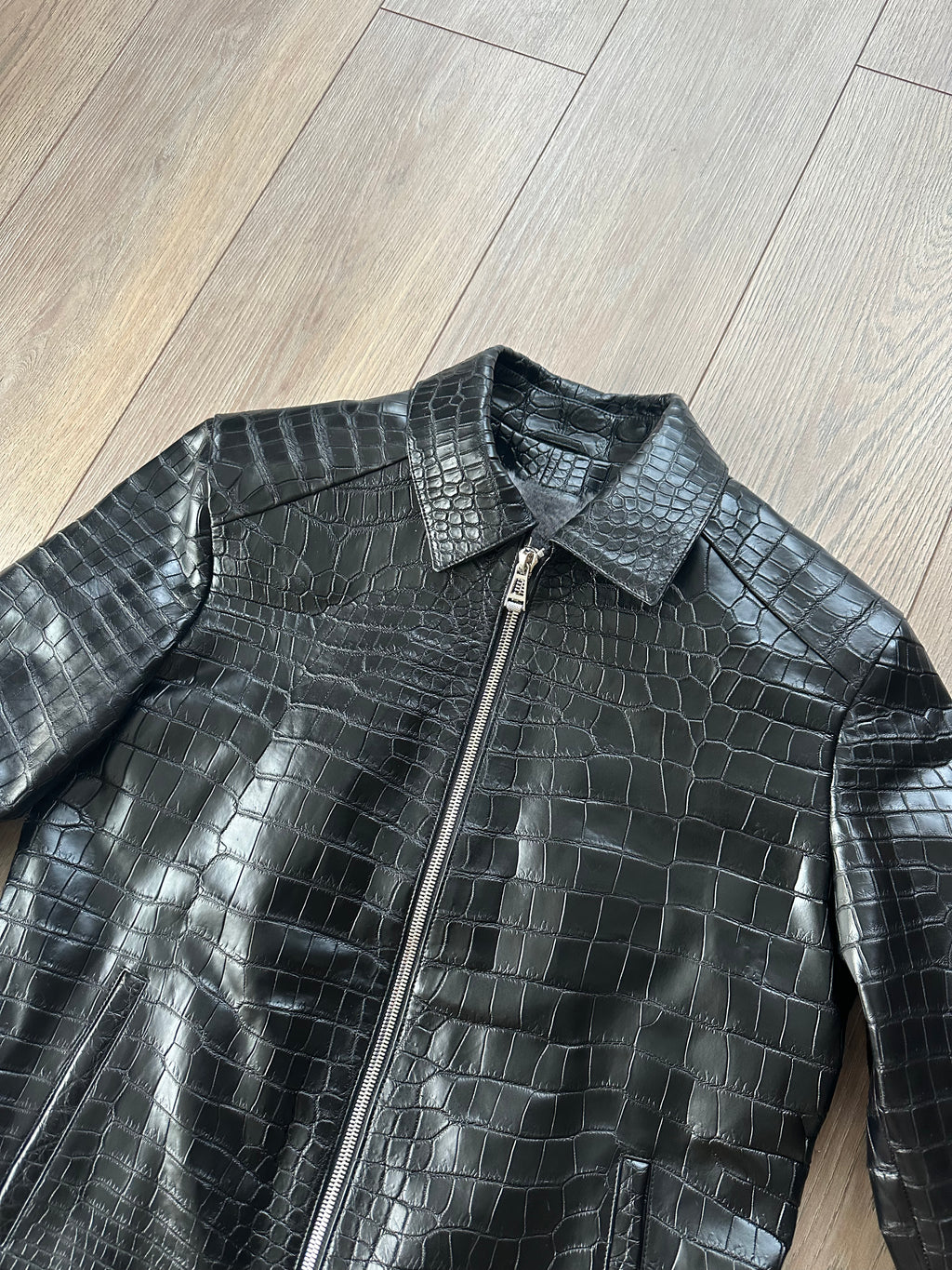 Black Crocodile Leather Men Jacket , Inside Chinchilla Fur