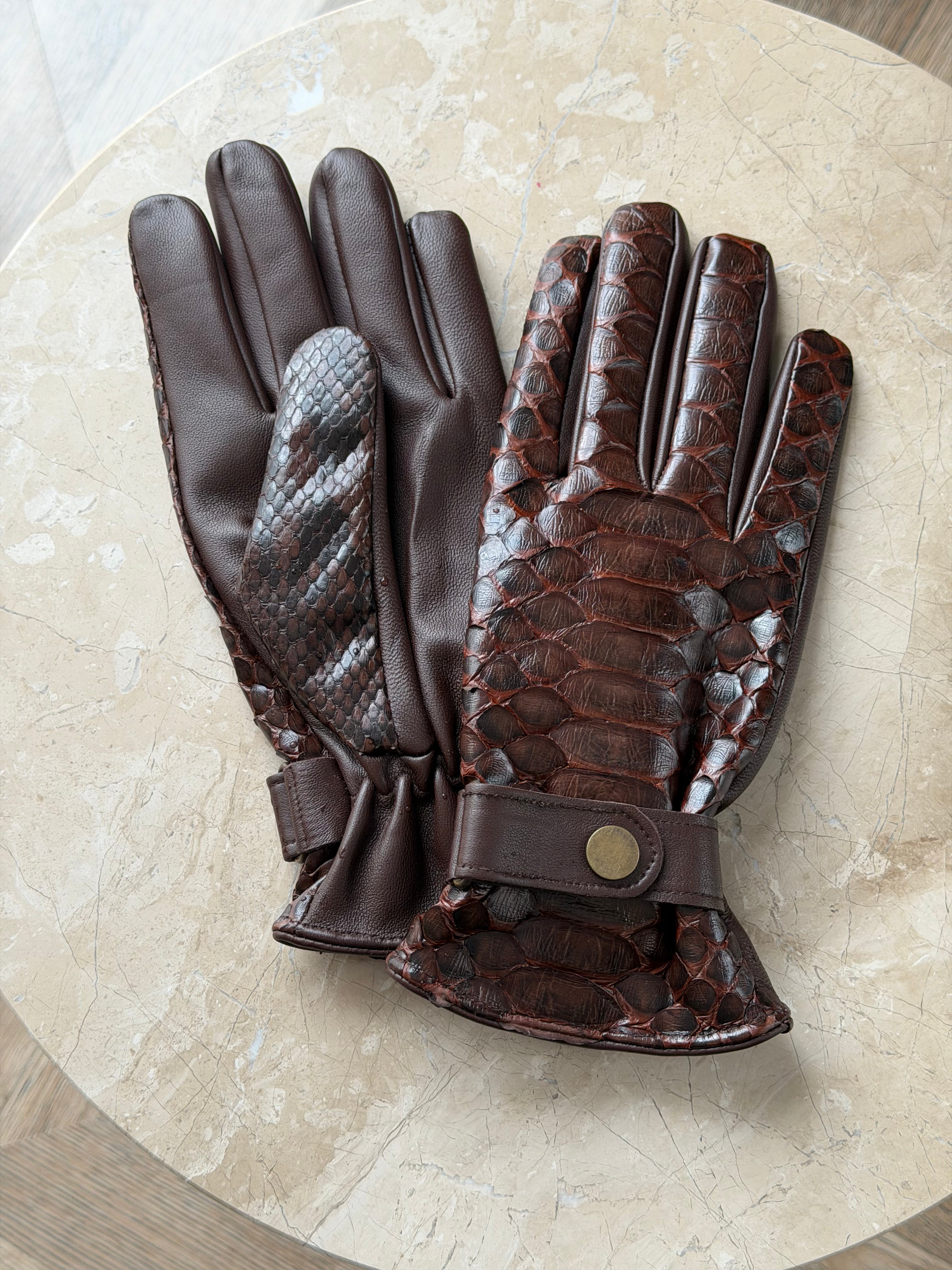 brown snake leather men gloves