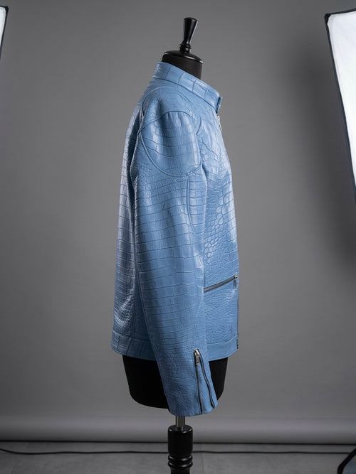 Baby Blue Crocodile Leather Men Biker Jacket