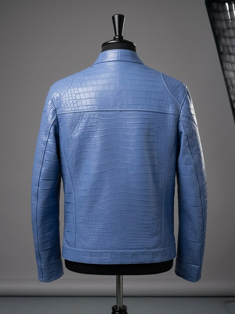 Baby Blue Crocodile Leather Men Biker Jacket