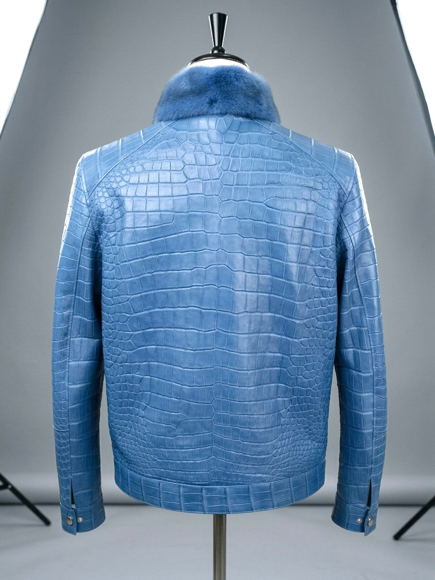 Baby Blue Crocodile Leather Men Jacket with Fur Collar