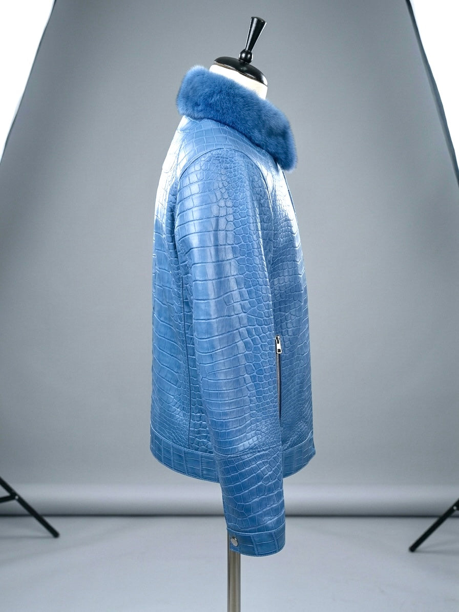 Baby Blue Crocodile Leather Men Jacket with Fur Collar