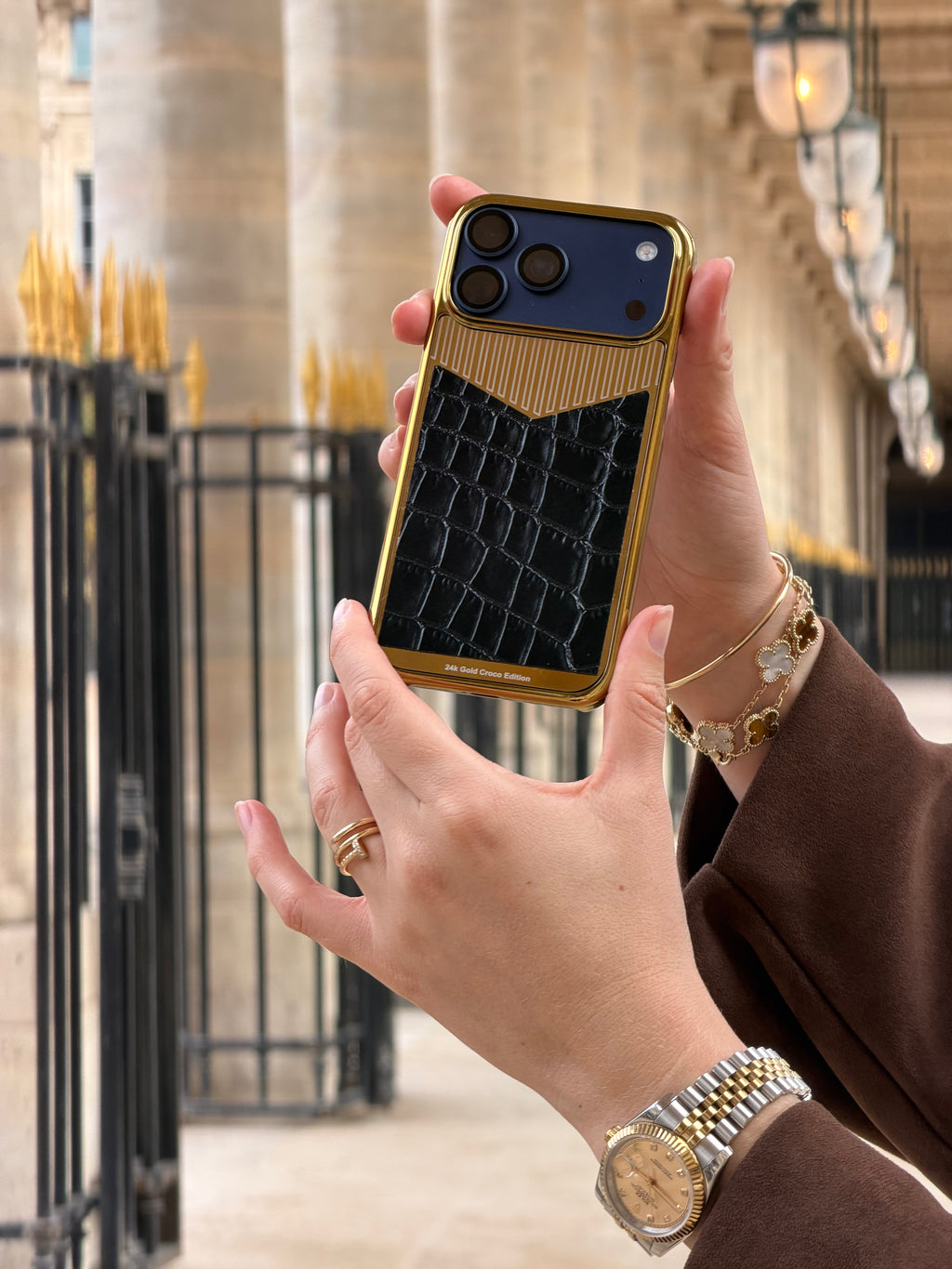 Gold Plated with Black Crocodile Leather iPhone 17 Pro Max Case