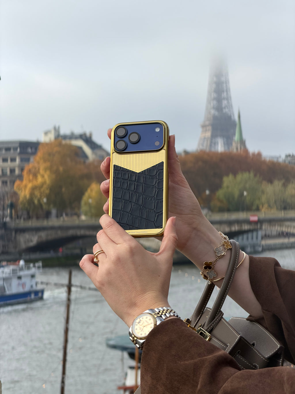 Gold Plated with Black Crocodile Leather iPhone 17 Pro Max Case