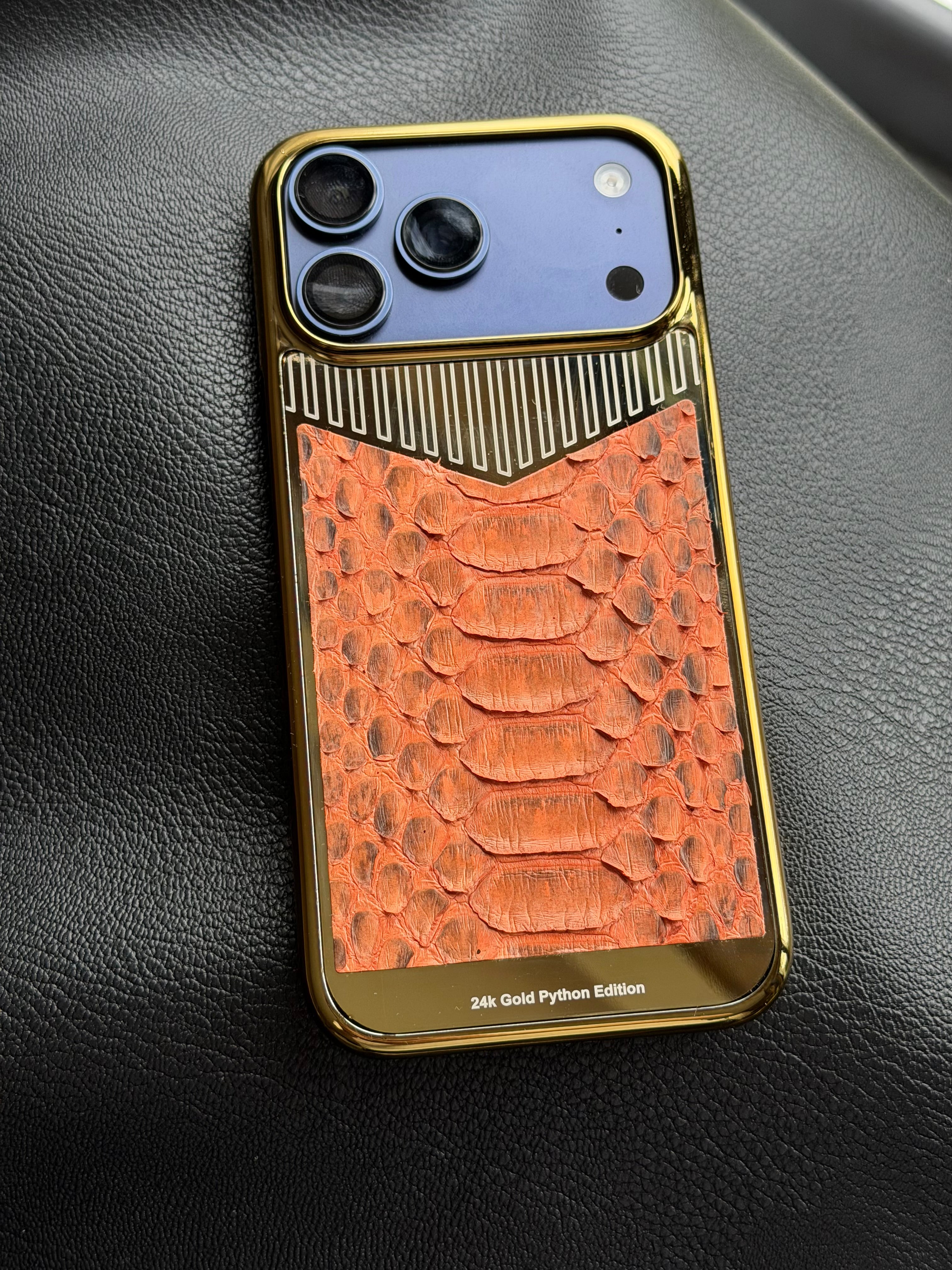 Gold Plated with Orange Snake Python Leather iPhone 17 Pro Case