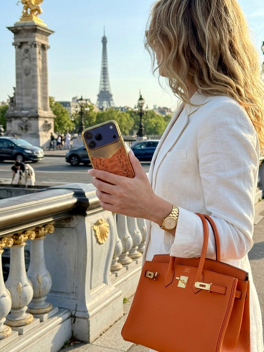 Gold Plated with Orange Snake Python Leather iPhone 17 Pro Case