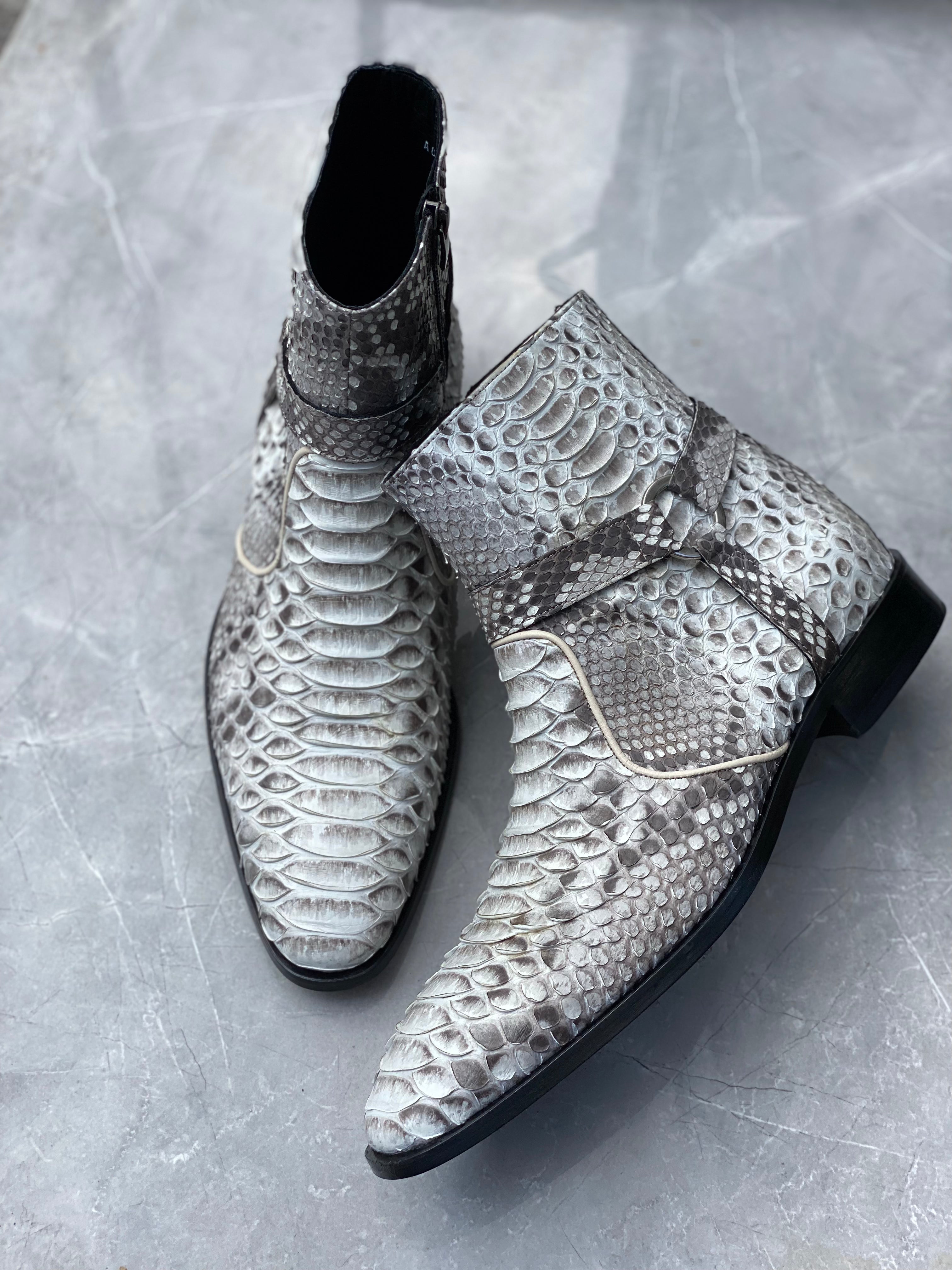 Natural White Python Leather Men Boots / Shoes