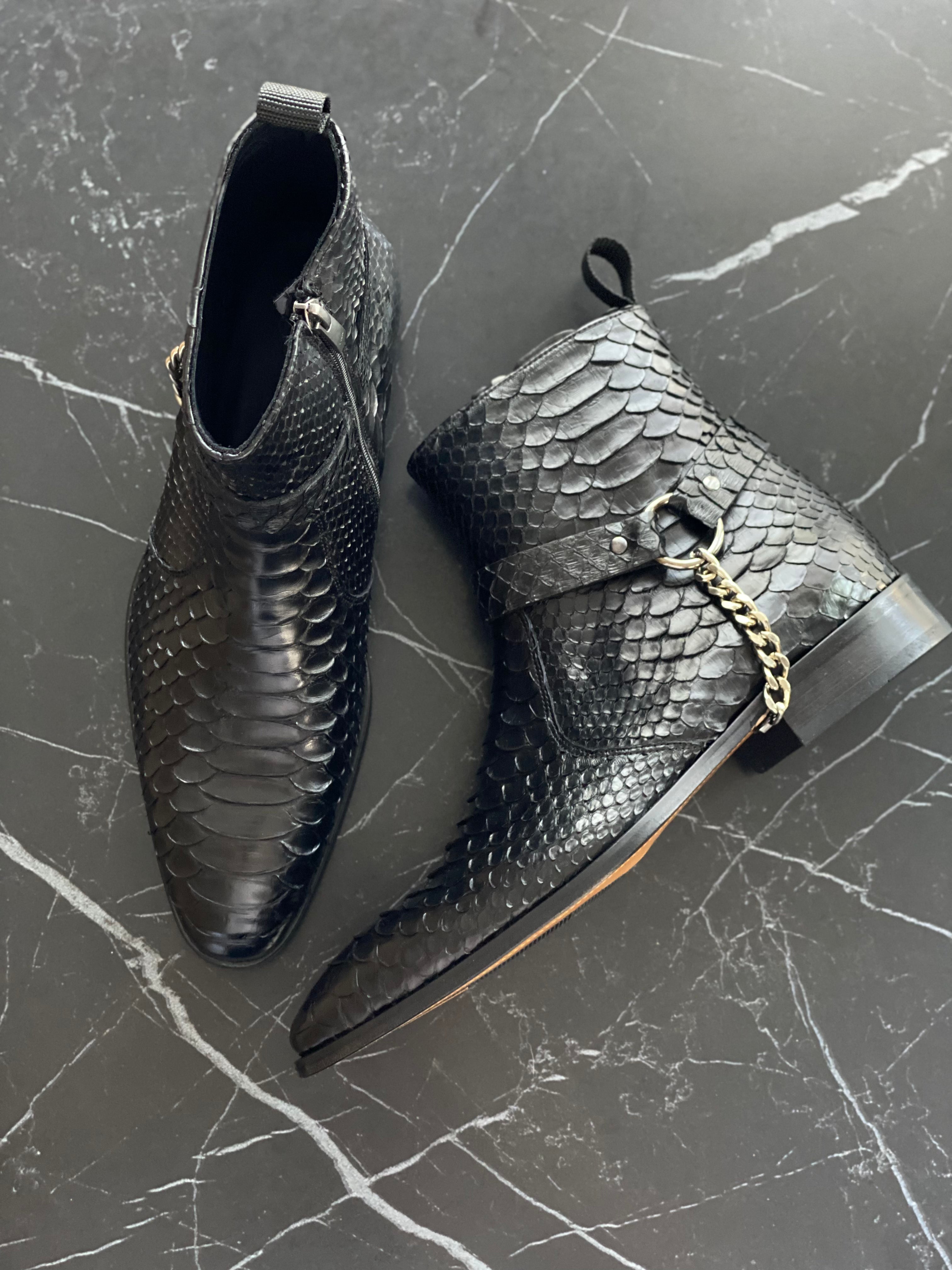 Black Python Leather Men Boots / Shoes