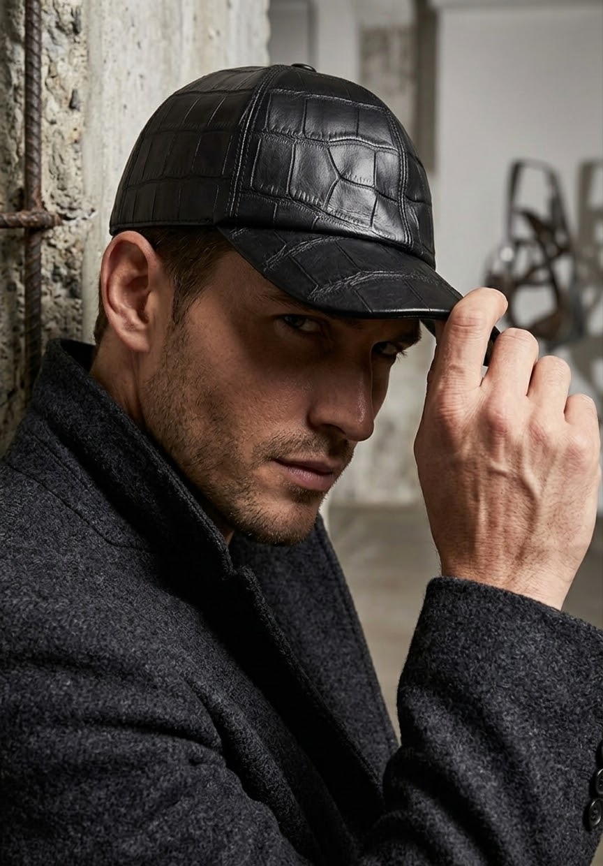 Black Crocodile Leather Unisex Hat