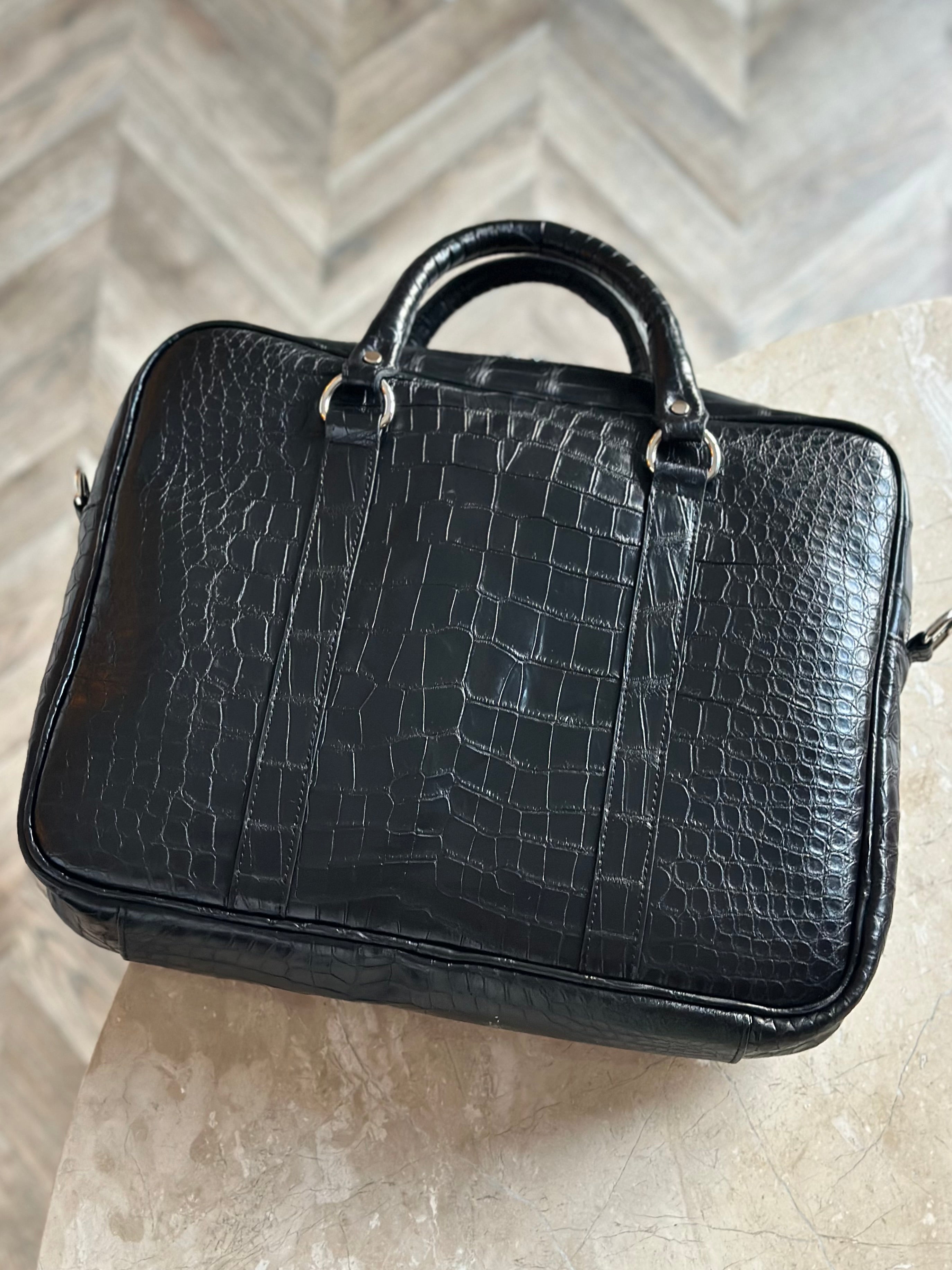 Black Crocodile Leather Laptop Bag
