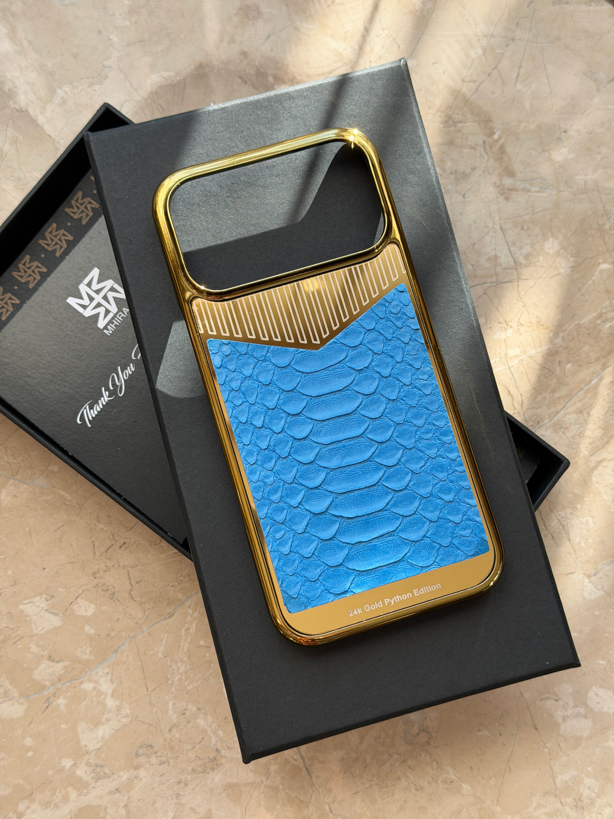 Gold Plated Glacier Python Snake Leather iPhone 18 Pro Case