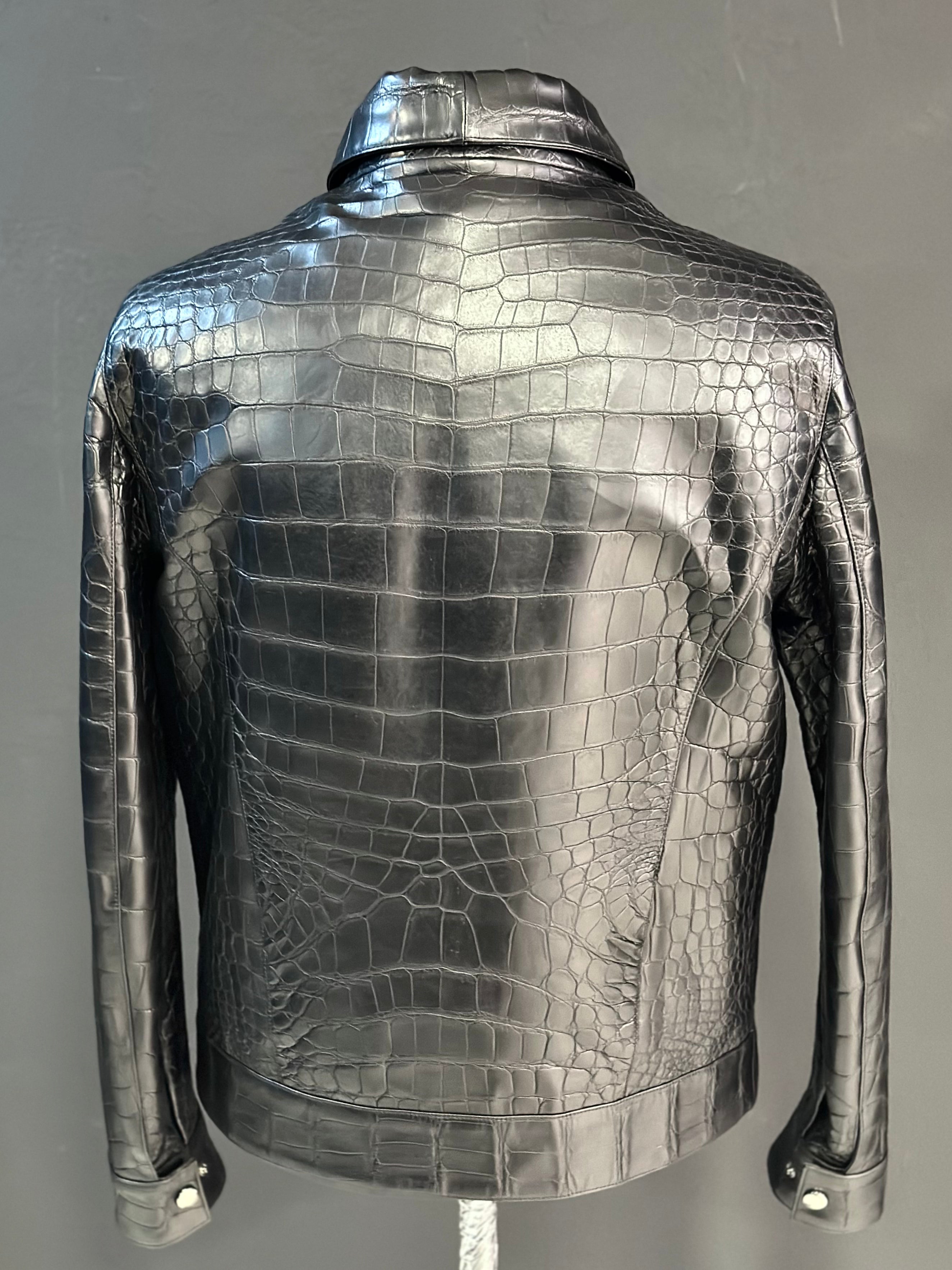 Black Crocodile Leather Classic Men Jacket - Removable Collar
