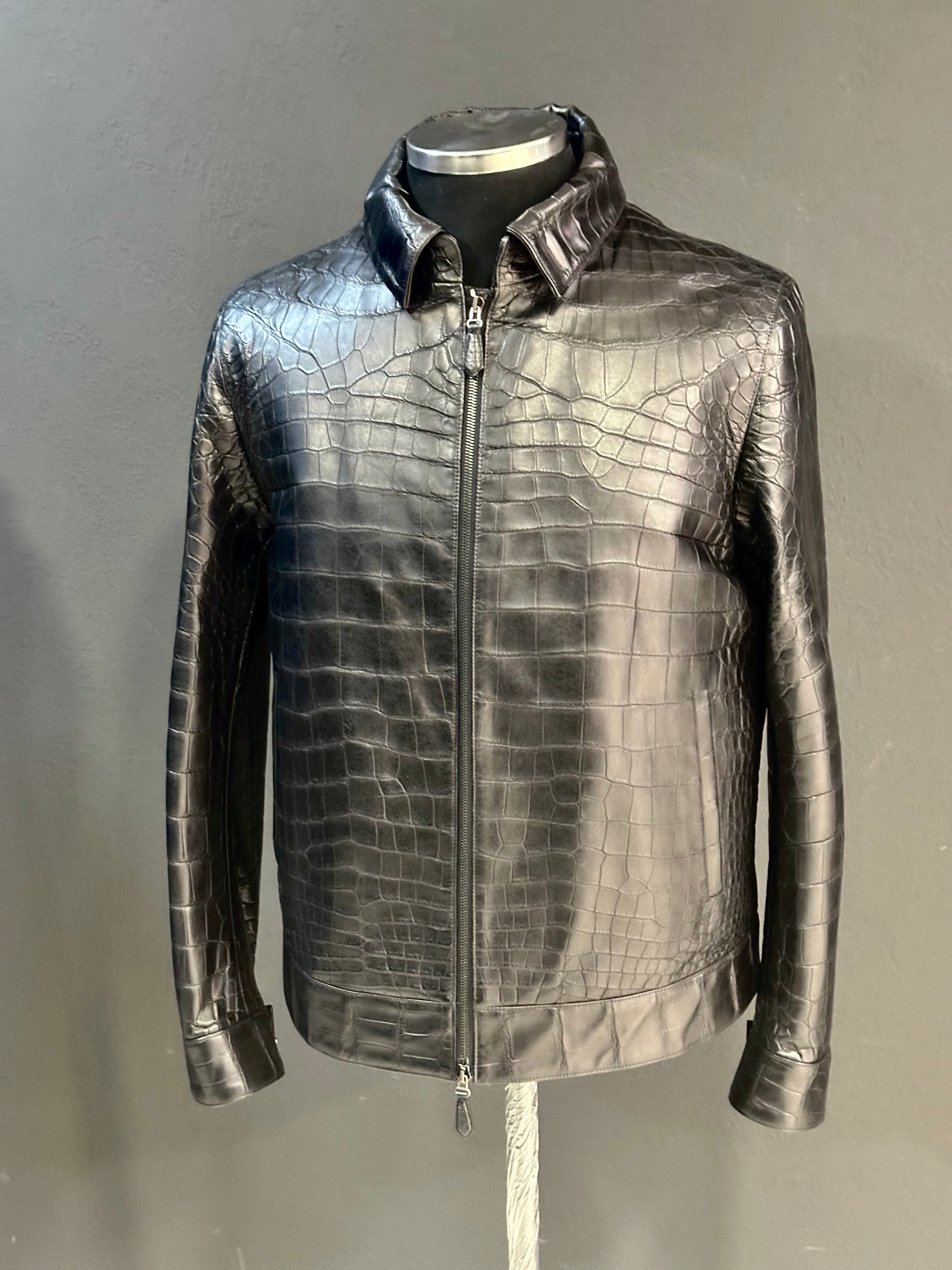 Black Crocodile Leather Classic Men Jacket - Removable Collar