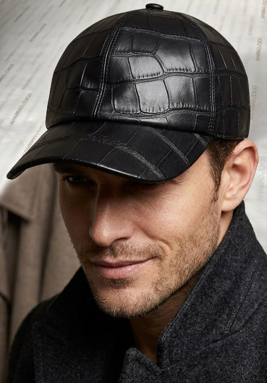 Black Crocodile Leather Unisex Hat