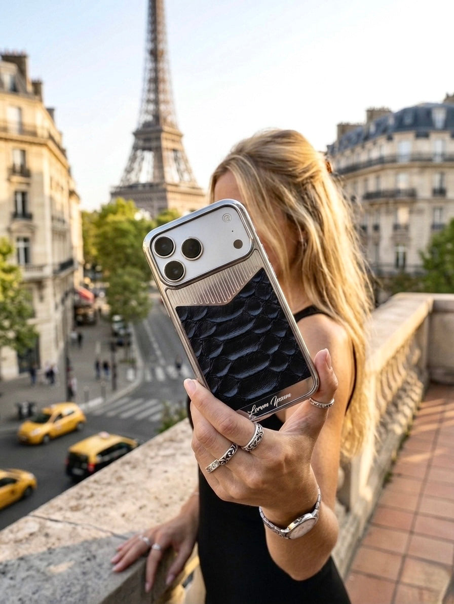 Silver Platinium Plated Black Python / Snake Leather iPhone 17 Pro Case