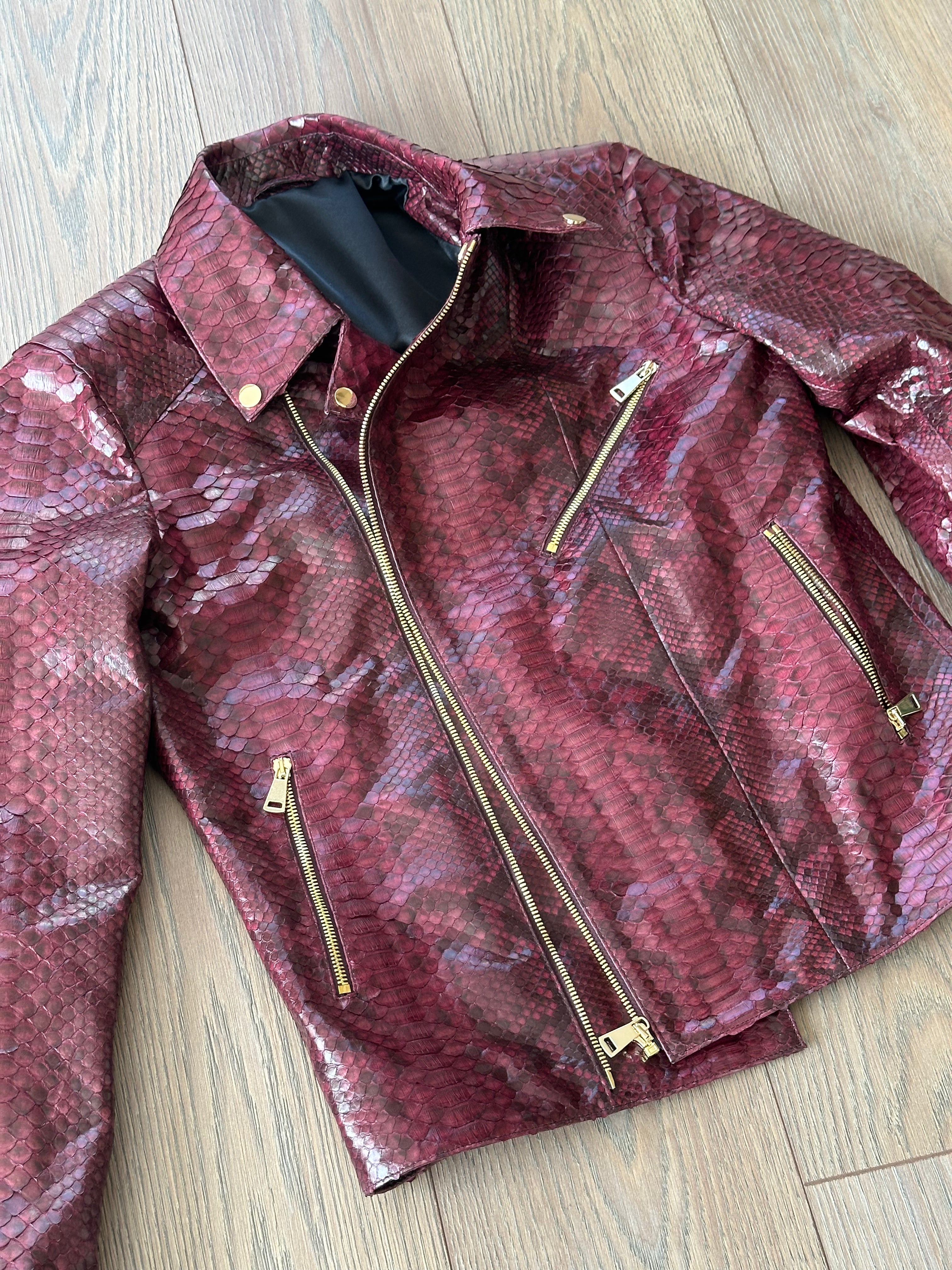 burgundy python leather women jacket