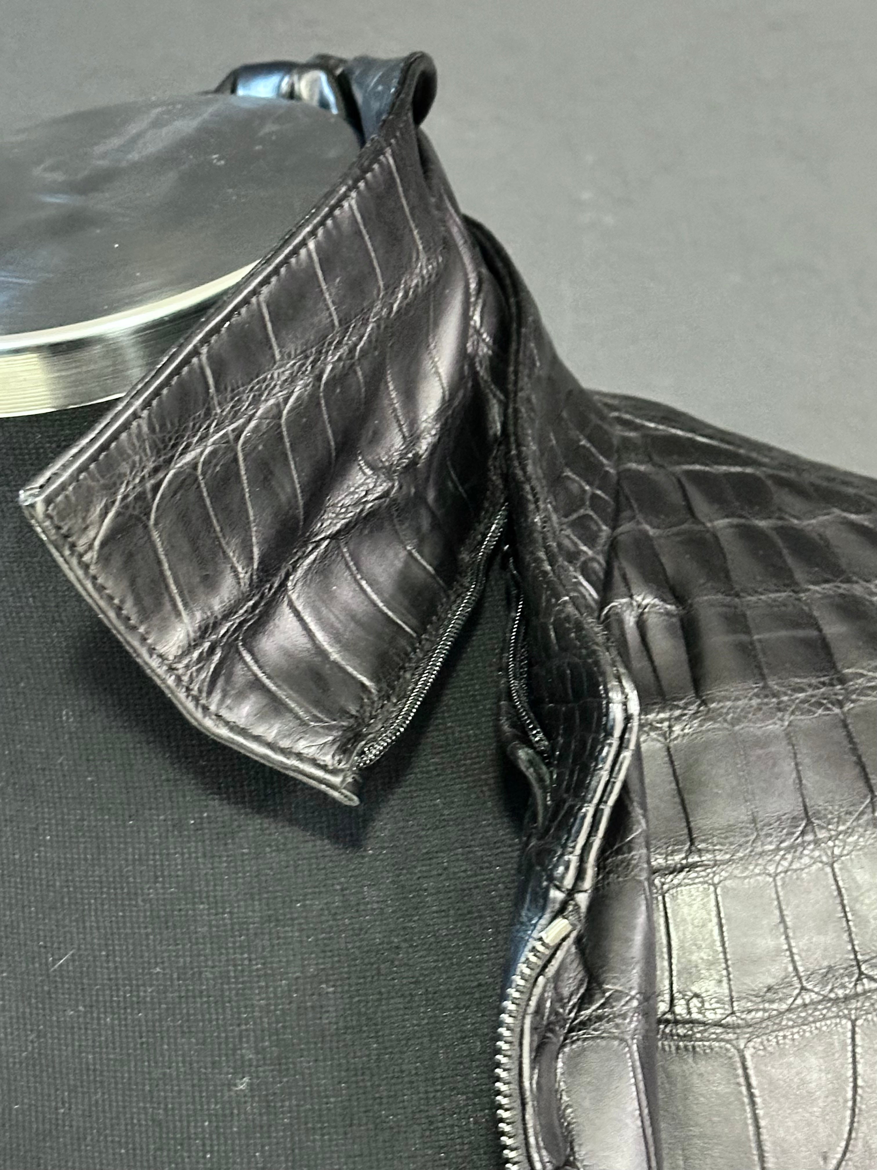 Black Crocodile Leather Classic Men Jacket - Removable Collar