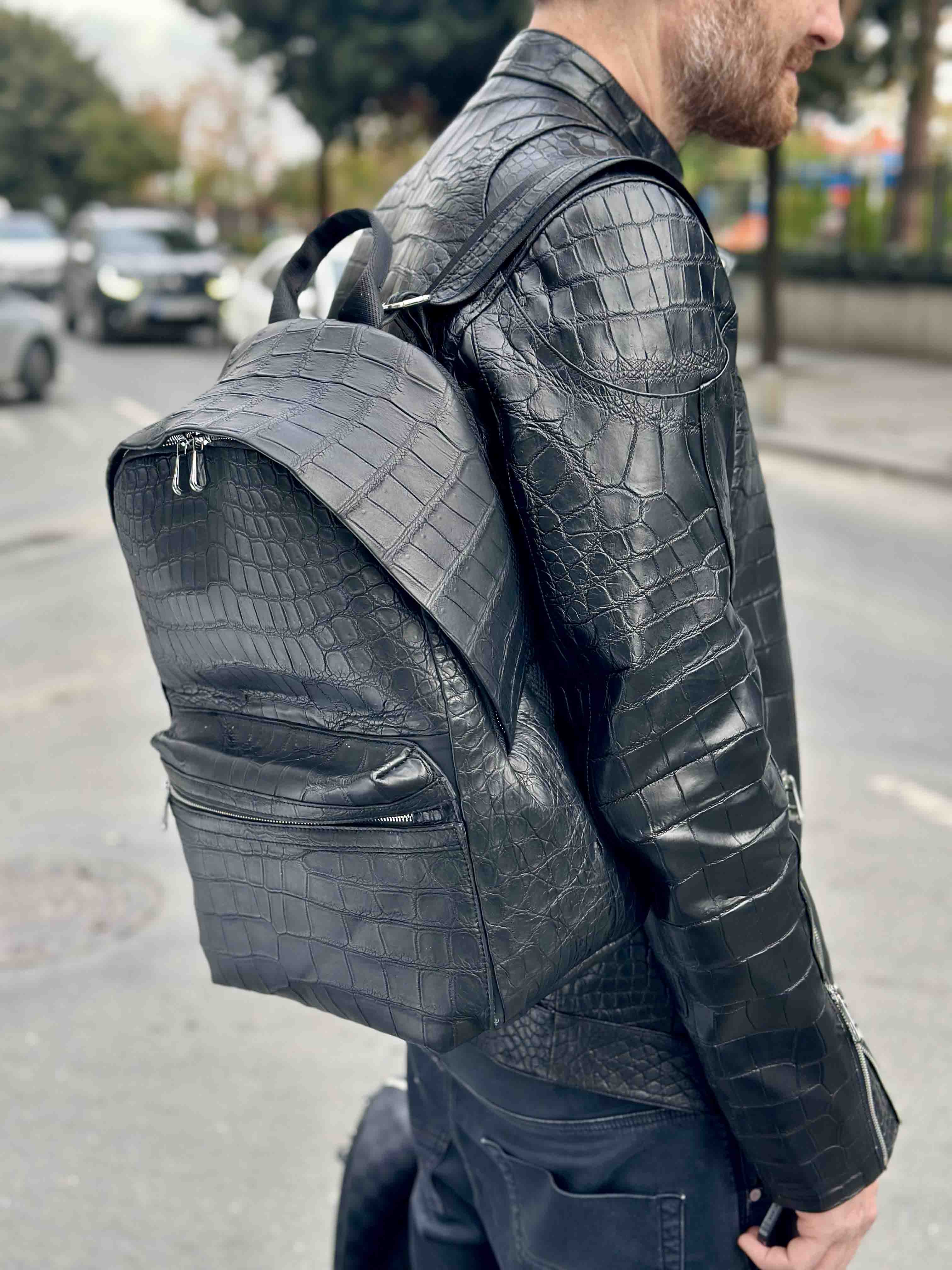 Black Crocodile Leather Men Biker Jacket