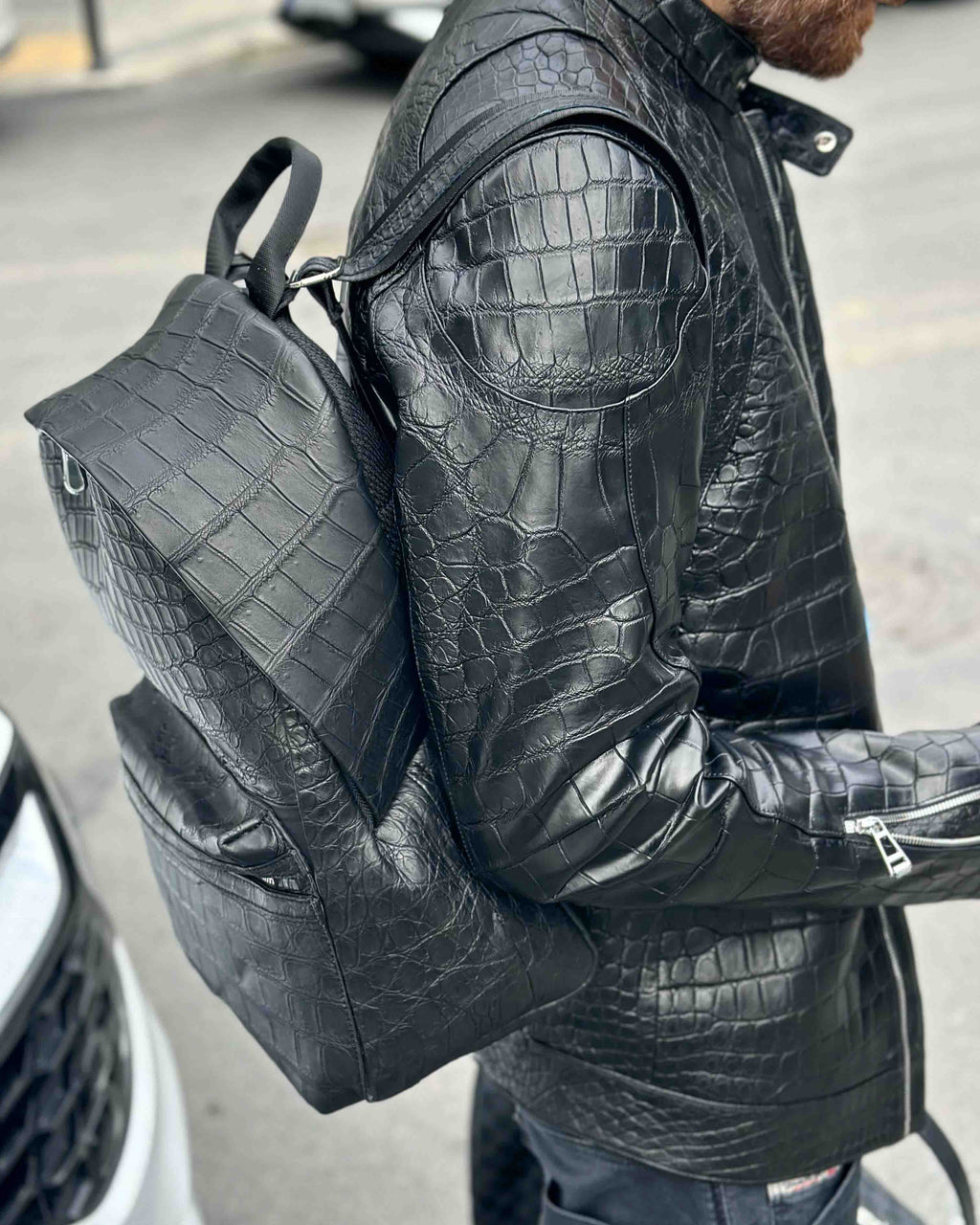 Black Crocodile Leather Men Biker Jacket