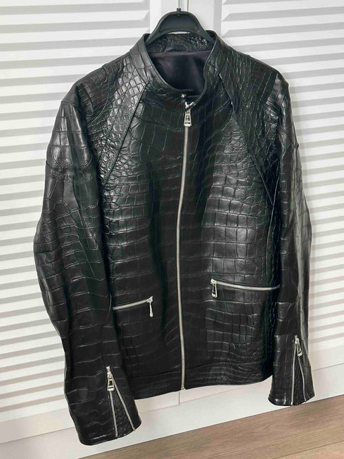 Black Crocodile Leather Men Biker Jacket