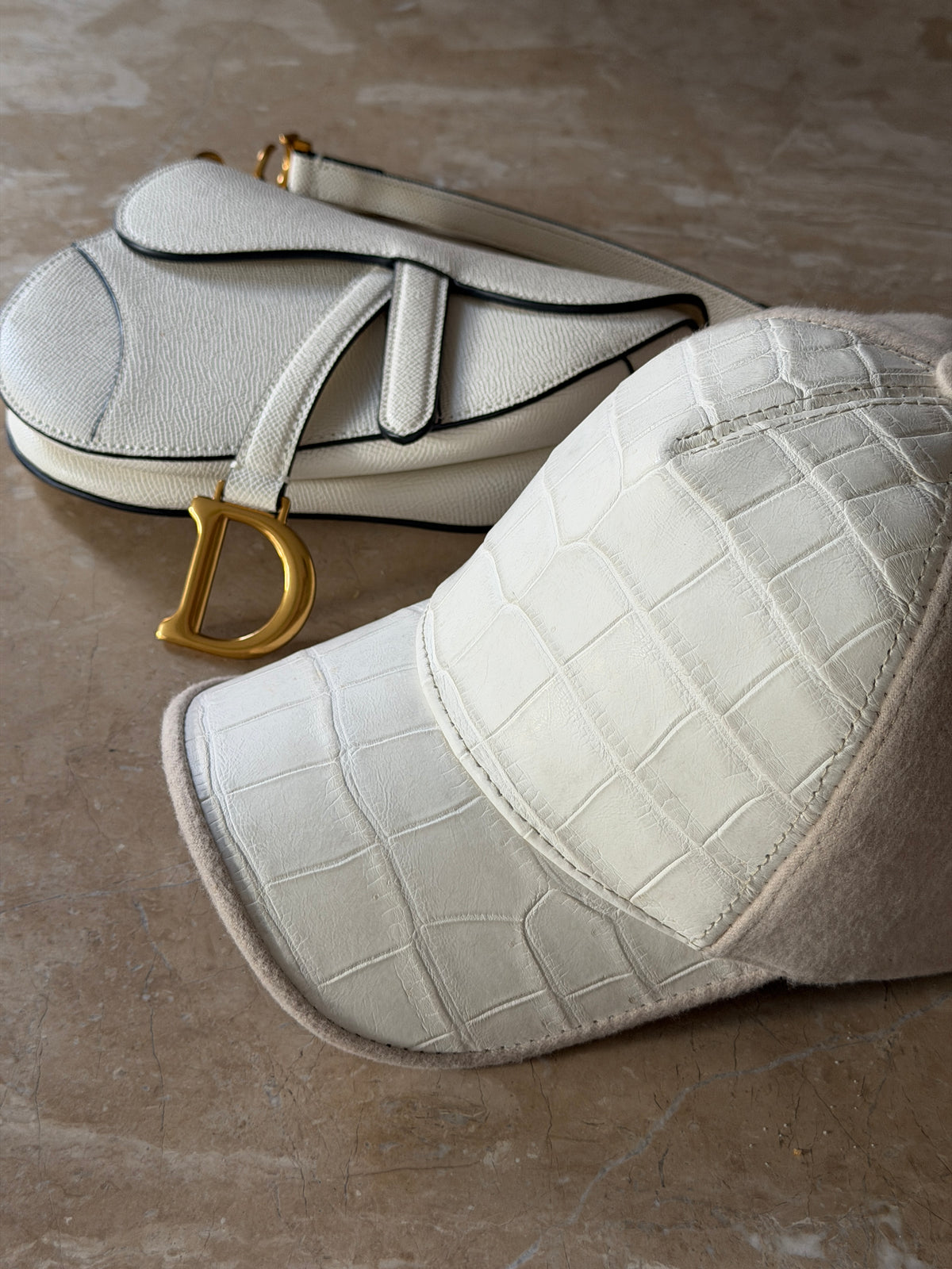 Beige / White Genuine Crocodile Leather Unisex Hat