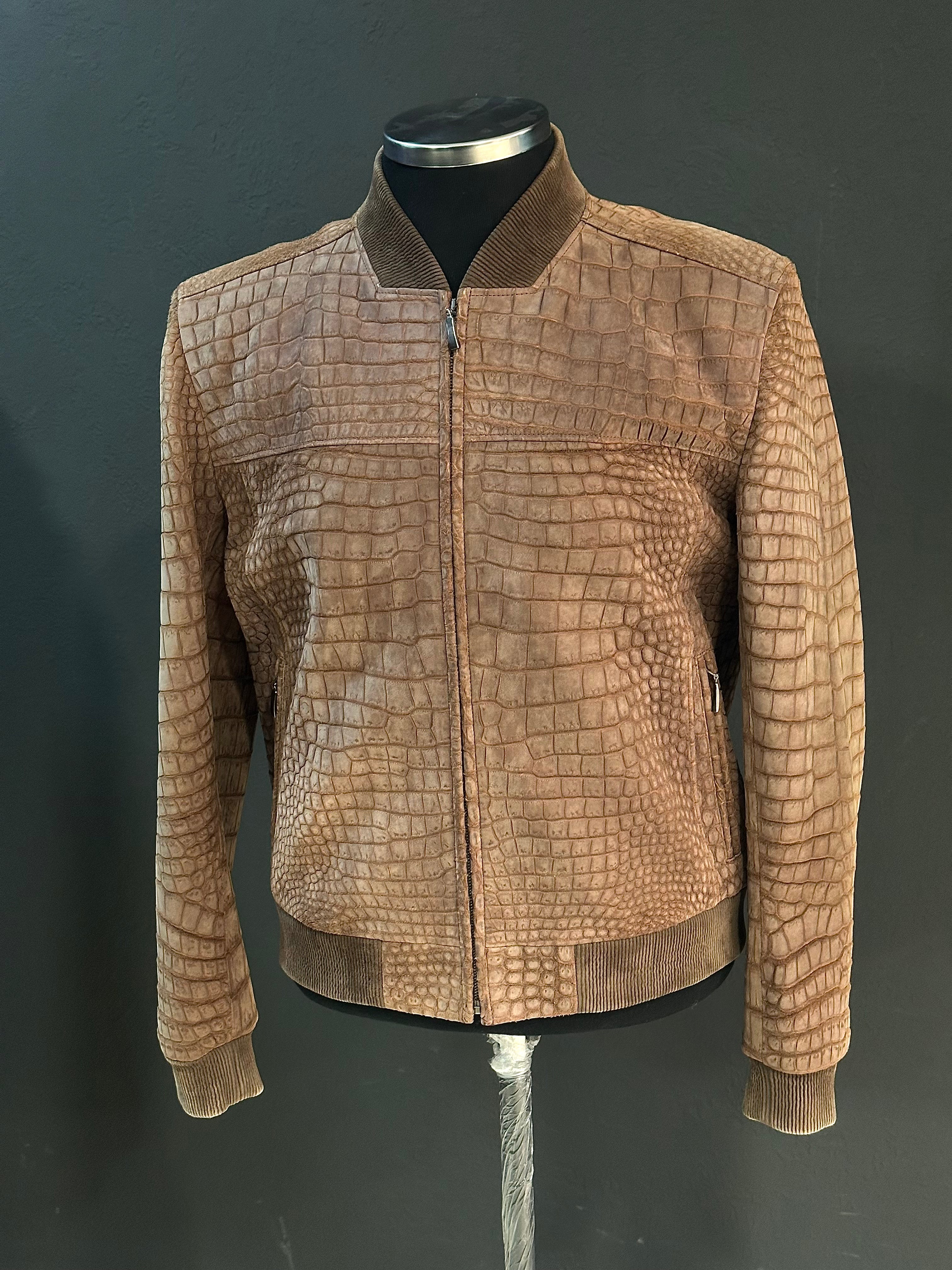Brown Nubuck Crocodile Leather Men Jacket