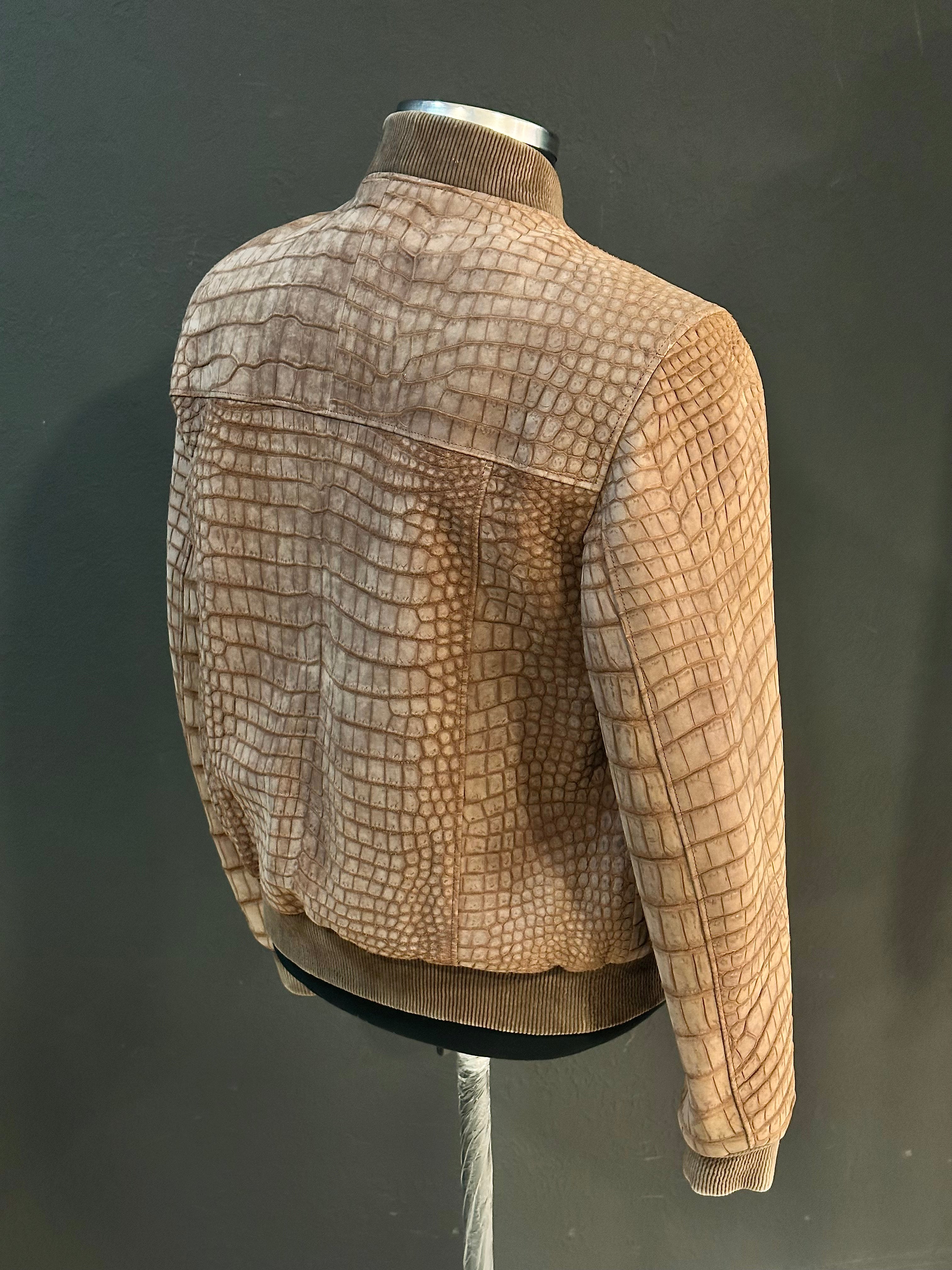 Brown Nubuck Crocodile Leather Men Jacket
