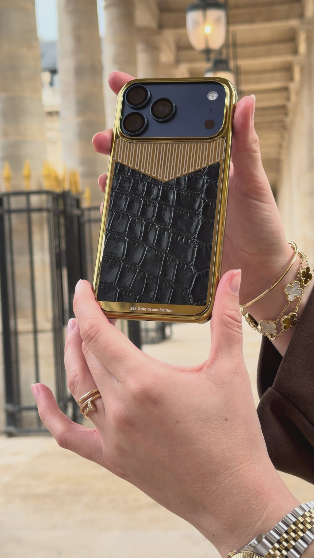 Gold Plated with Black Crocodile Leather iPhone 17 Pro Max Case