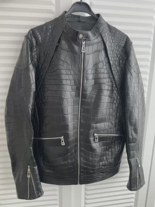 Black Crocodile Leather Men Biker Jacket philipp plein