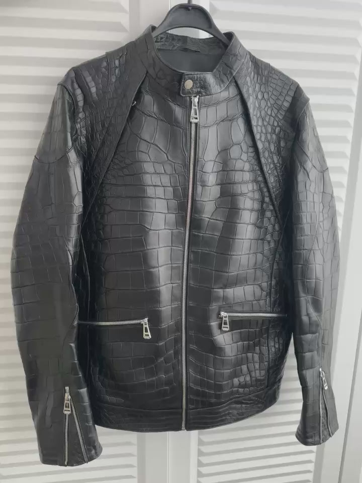 Black Crocodile Leather Men Biker Jacket philipp plein