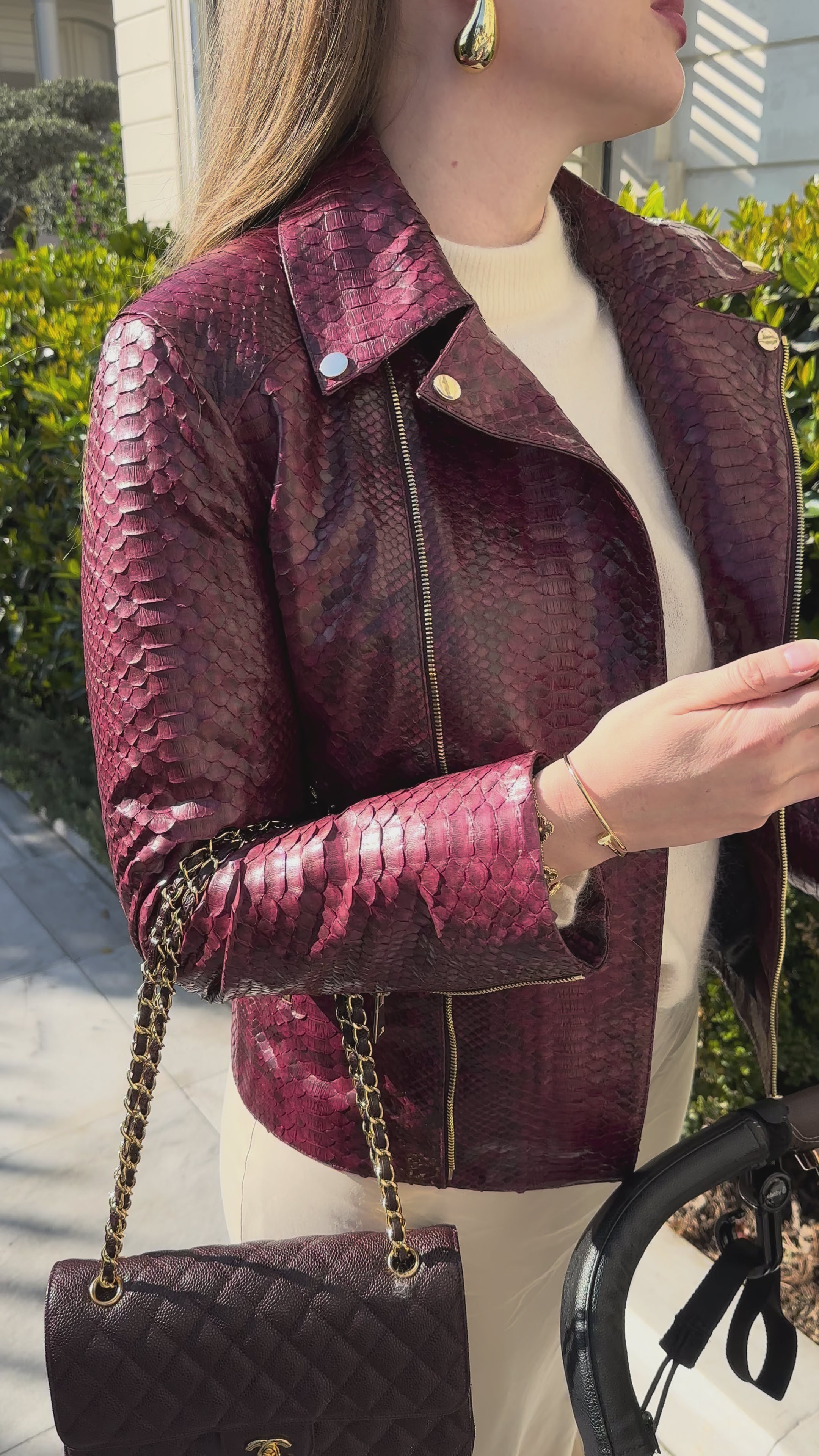 burgundy python leather women jacket