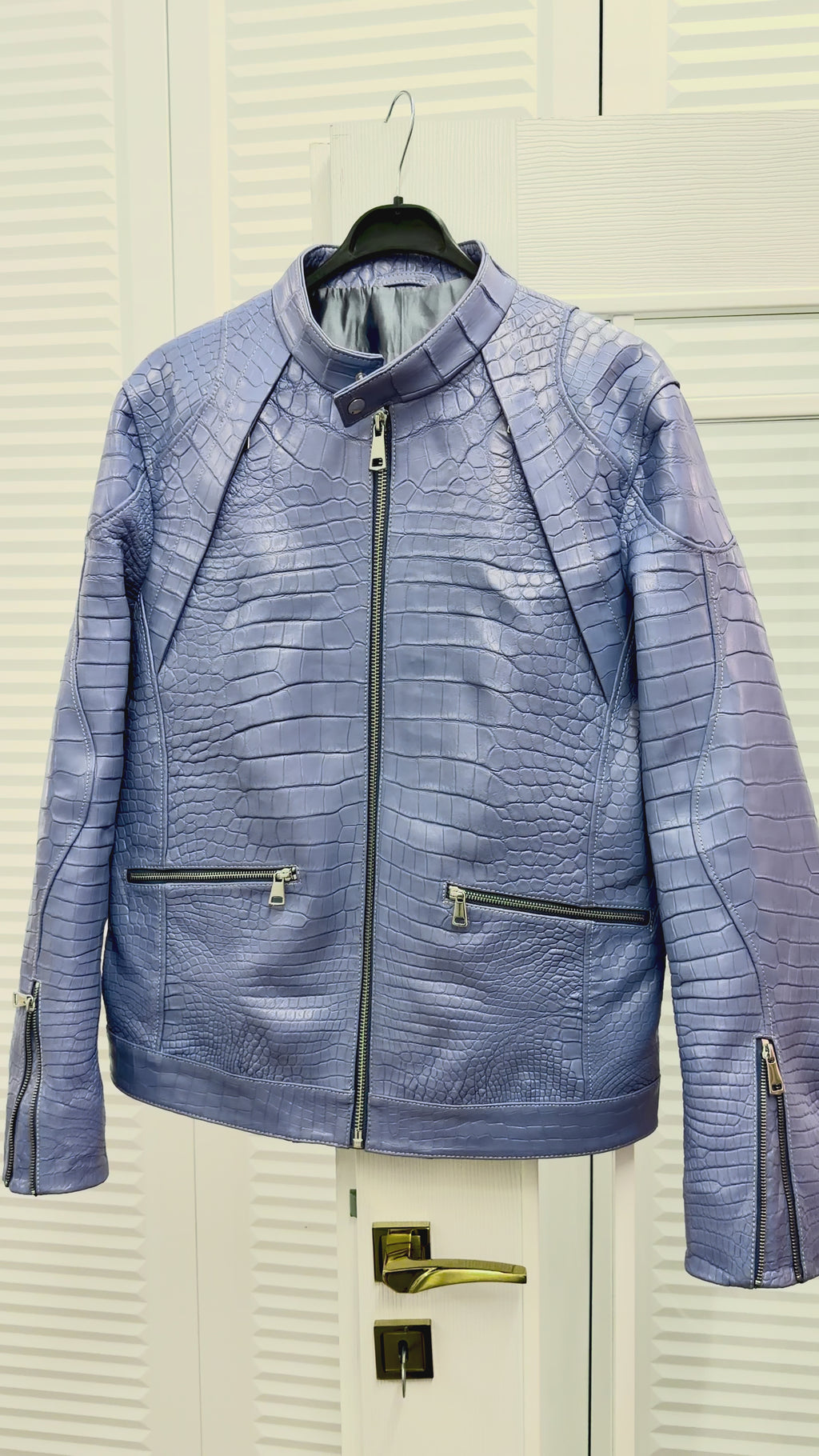 Baby Blue Crocodile Leather Men Biker Jacket