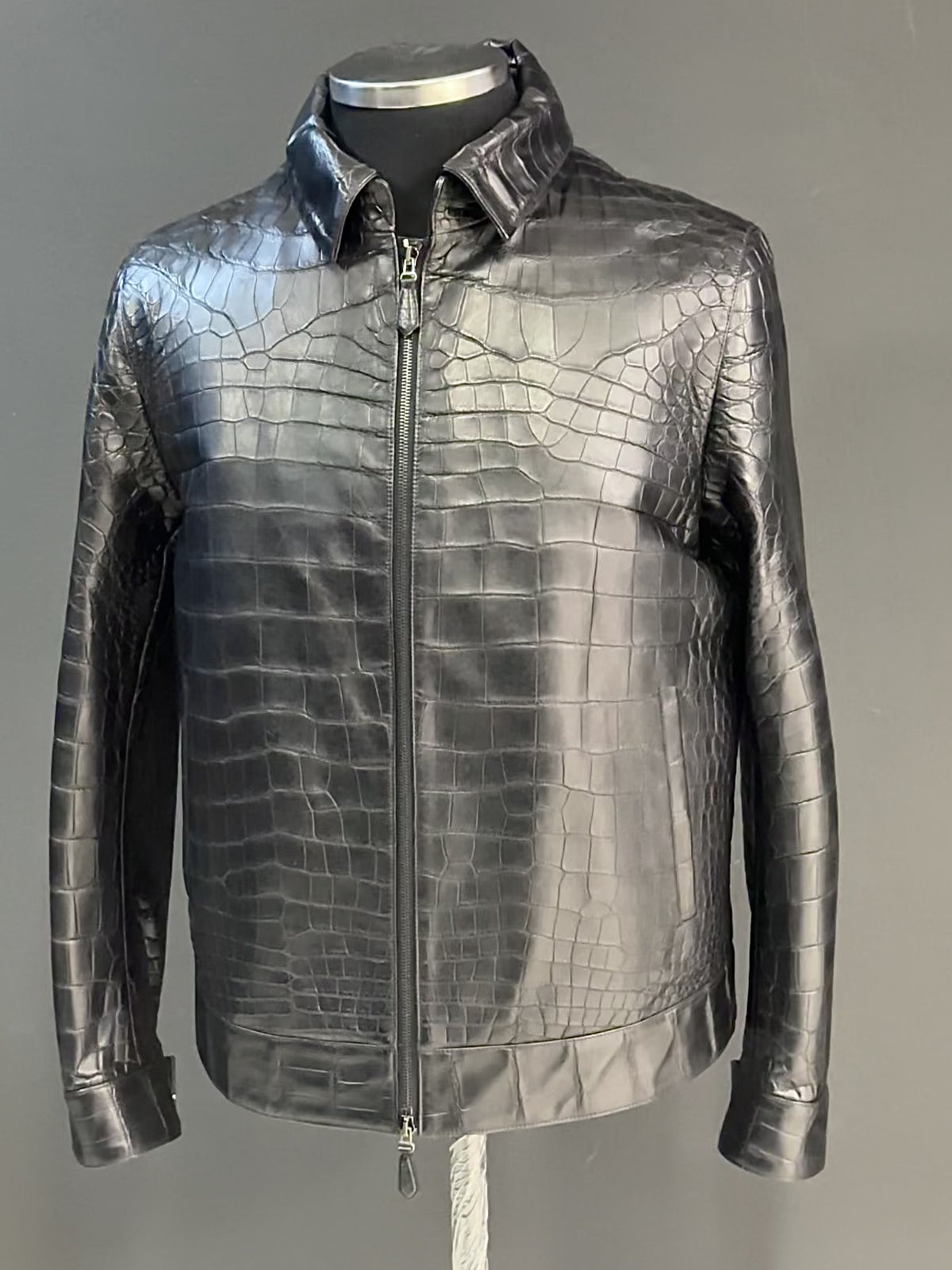 Black Crocodile Leather Classic Men Jacket - Removable Collar
