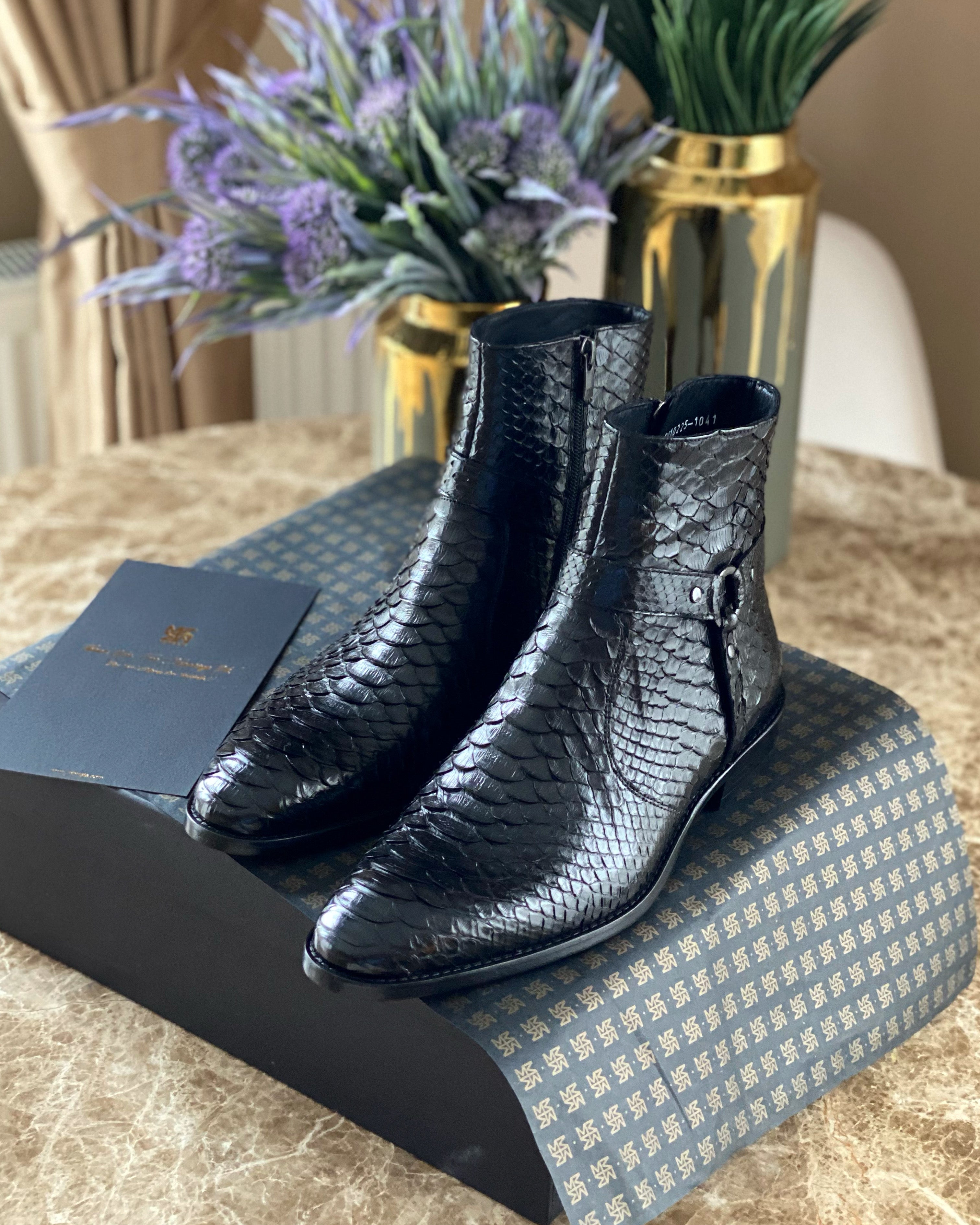 Black Python Leather Men Boots / Shoes